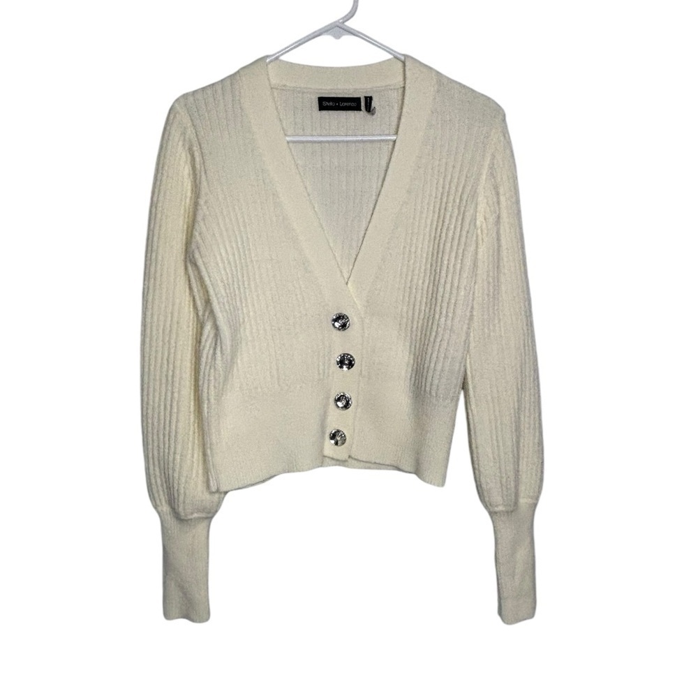 Stella & Lorenzo Cream Ribbed Bling Button Front V-Neck Cardigan Sweater Small